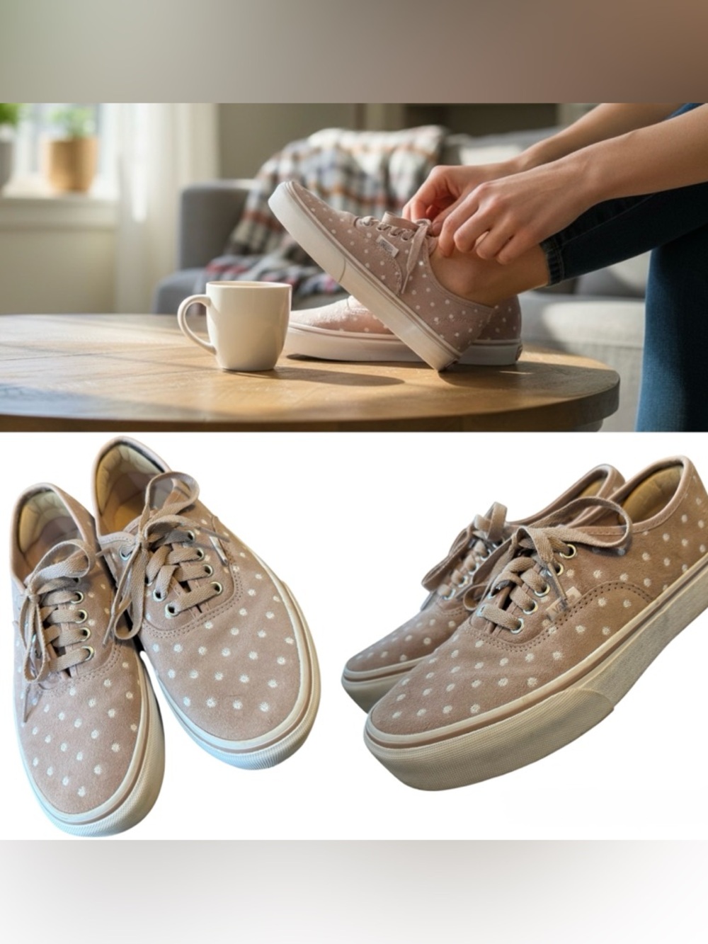 Vans Authentic Platform 2.0 Suede Polka Dot Sneakers - Light Pink & White Size 8
